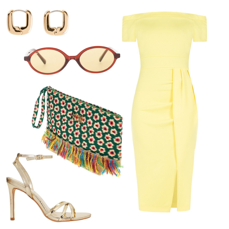 Outfit donna - Abito giallo. Stile Glamour per Cerimonia. Abbinamento con orecchini, occhiali da sole, sandali col tacco, vestiti asimmetrici, pochette.