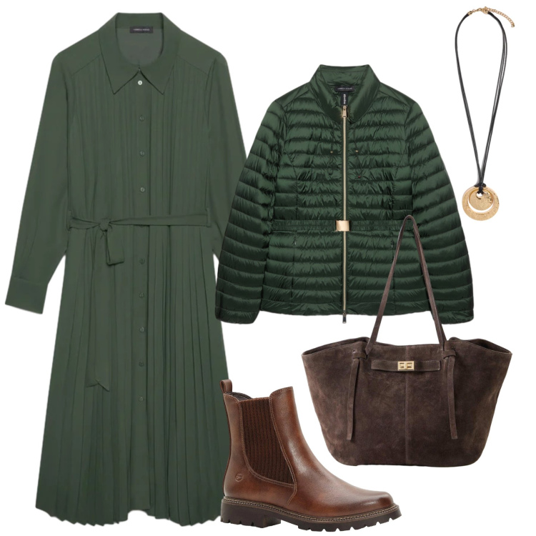 Outfit donna - Chemisier e piumino leggero. Stile Trendy per Tutti i giorni. Abbinamento con shopping bag, stivaletti, piumini, vestiti chemisier, ciondoli.