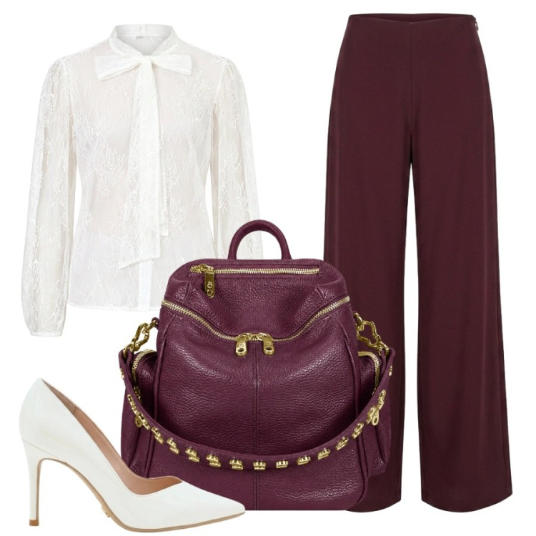 Outfit donna - Borchie e fiocco. Stile Romantica per Ufficio. Abbinamento con camicie, décolleté, zaini, pantaloni a palazzo.