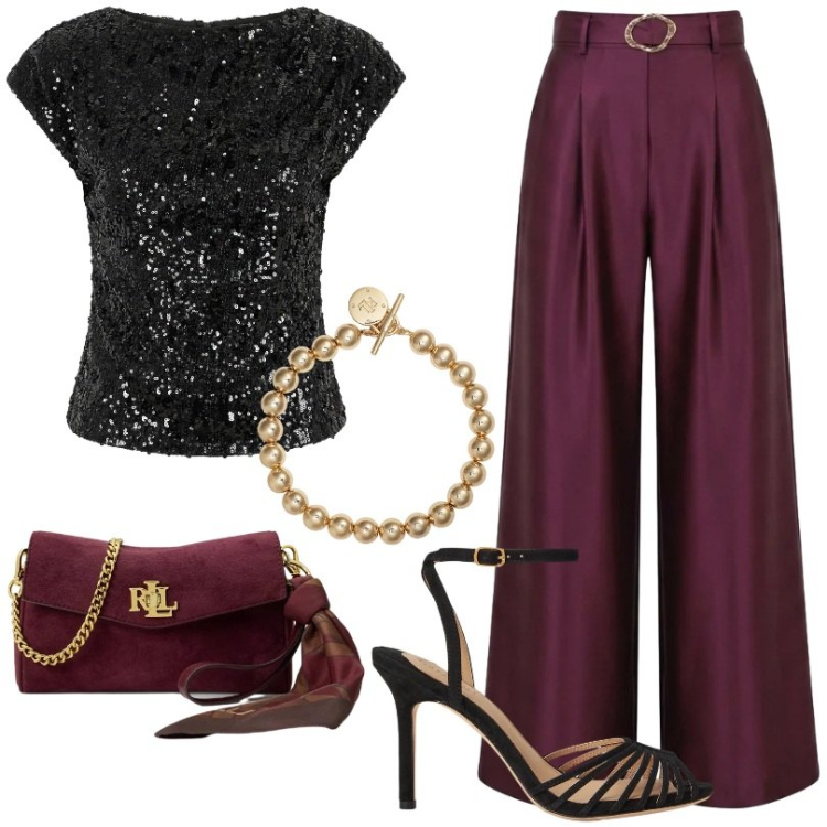 Outfit donna - Serata glam. Stile Glamour per Serata fuori. Abbinamento con pantaloni a palazzo, top, braccialetti, sandali col tacco, borse a tracolla.