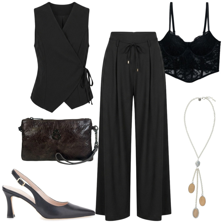 Outfit donna - Black. Stile Minimal per Tutti i giorni. Abbinamento con collane, bralette, pochette, pantaloni a palazzo, gilet, décolleté.