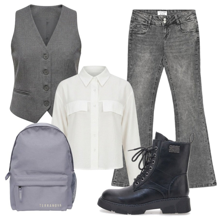 Outfit donna - Pronta per l\'università. Stile Casual per Tutti i giorni. Abbinamento con zaini, jeans bootcut, camicie, gilet, anfibi.