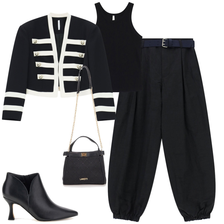 Outfit donna - Imperial. Stile Casual chic per Tutti i giorni. Abbinamento con pantaloni, blazer, top, borse a tracolla, stivaletti.