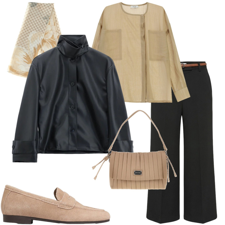 Outfit donna - In città. Stile Casual chic per Ufficio. Abbinamento con mocassini, pantaloni, blazer, camicie, pochette, foulard.