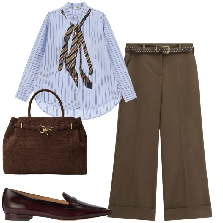 Outfit donna - Urban time. Stile Urban per Tutti i giorni. Abbinamento con camicie, pantaloni a palazzo, borse a mano, mocassini.