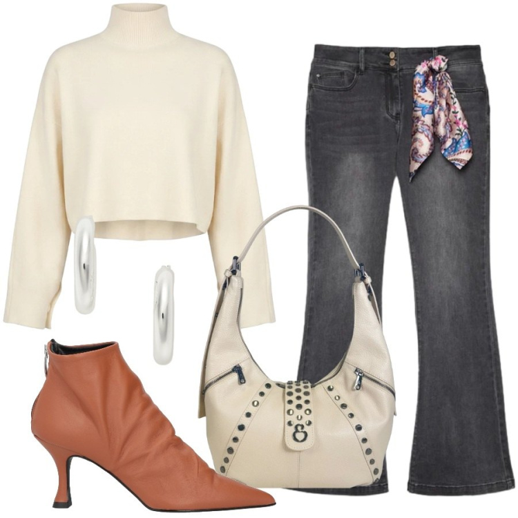 Outfit donna - Aspettando l\'autunno. Stile Glamour per Tutti i giorni. Abbinamento con stivaletti, jeans, borse a spalla, maglieria, orecchini.