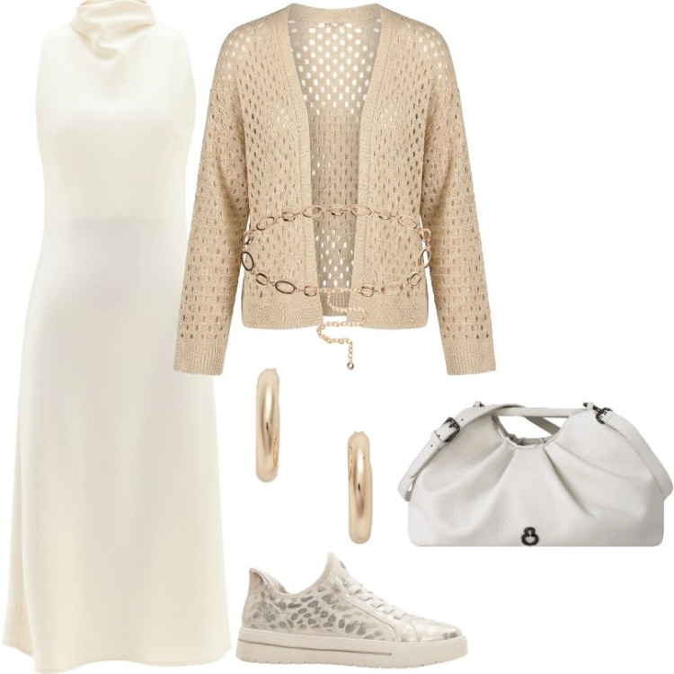 Outfit donna - Contrasto chic e casual. Stile Casual chic per Tutti i giorni. Abbinamento con sneakers, vestiti midi/longuette, cinture, clutch, cardigans, orecchini.