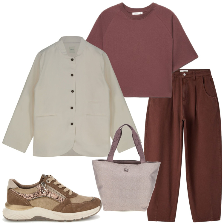 Outfit donna - Urban autunnale. Stile Casual chic per Ufficio. Abbinamento con pantaloni, t-shirt, giacche, sneakers, shopping bag.