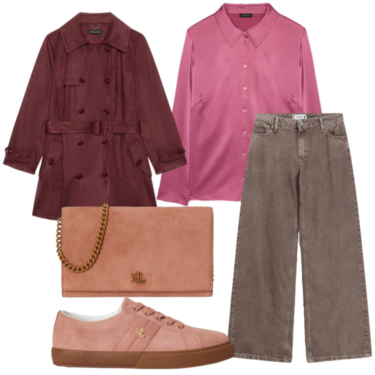 Outfit donna - Colori autunnali. Stile Casual chic per Tutti i giorni. Abbinamento con jeans dritti, camicie, trench, sneakers, borse a tracolla.