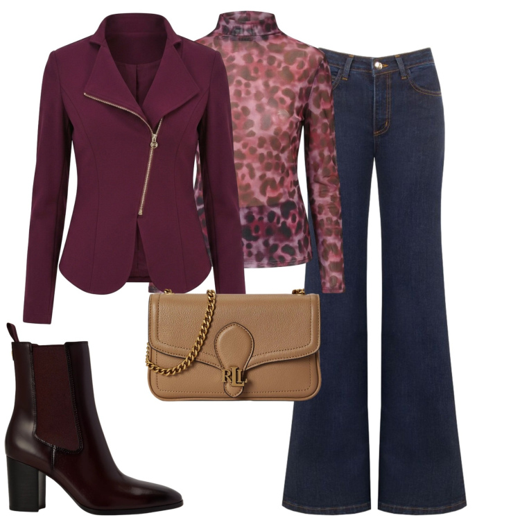 Outfit donna - City. Stile Casual chic per Tutti i giorni. Abbinamento con jeans a zampa, blazer, t-shirt, borse a tracolla, stivaletti.