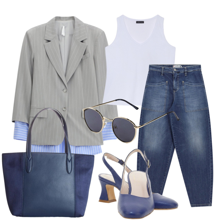 Outfit donna - Settembre. Stile Casual chic per Tutti i giorni. Abbinamento con occhiali da sole, shopping bag, blazer, jeans, canottiere, décolleté.