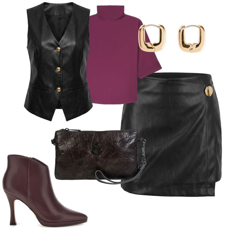 Outfit donna - Nuna Lie. Stile Trendy per Tutti i giorni. Abbinamento con orecchini, bluse, pochette, minigonne, gilet, stivaletti.