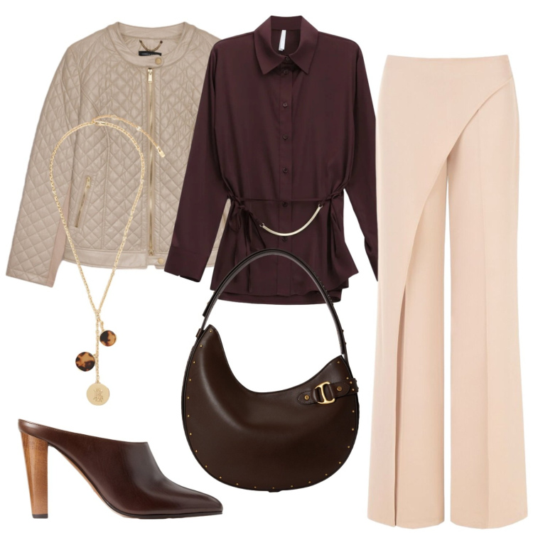 Outfit donna - Colori autunnali. Stile Trendy per Tutti i giorni. Abbinamento con camicie, pantaloni, giacche, sabot, collane, borse a spalla.