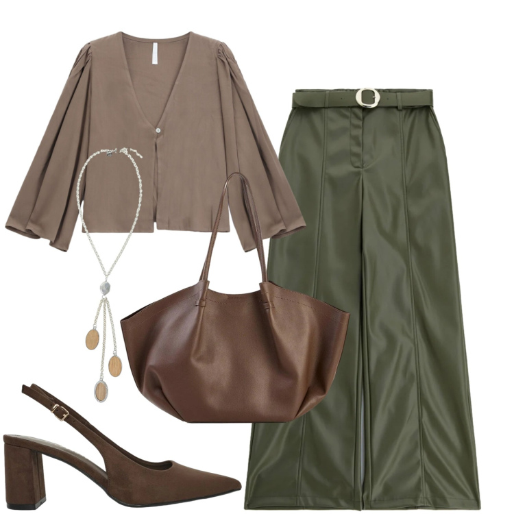 Outfit donna - City. Stile Casual chic per Tutti i giorni. Abbinamento con shopping bag, bluse, pantaloni, collane, décolleté.