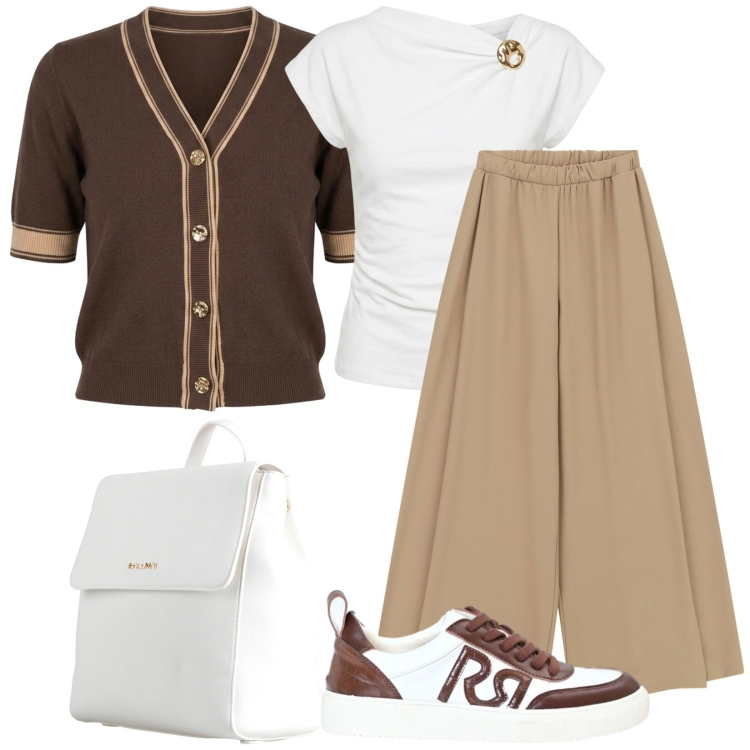 Outfit donna - Nocciola e fondente. Stile Trendy per Tutti i giorni. Abbinamento con zaini, pantaloni a palazzo, sneakers, cardigans, t-shirt.
