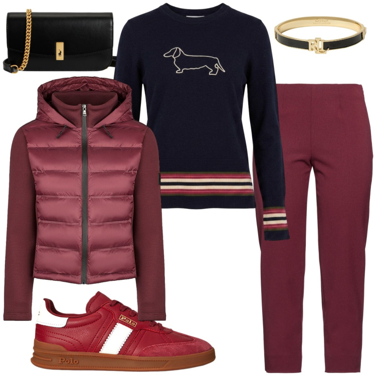 Outfit donna - Casual autunno. Stile Casual per Tutti i giorni. Abbinamento con pantaloni, maglieria, piumini, sneakers, clutch, braccialetti.