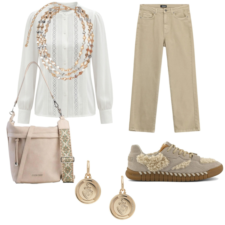 Outfit donna - Sfumature neutre. Stile Minimal per Ufficio. Abbinamento con collane, orecchini, camicie, jeans dritti, sneakers, borse a tracolla.