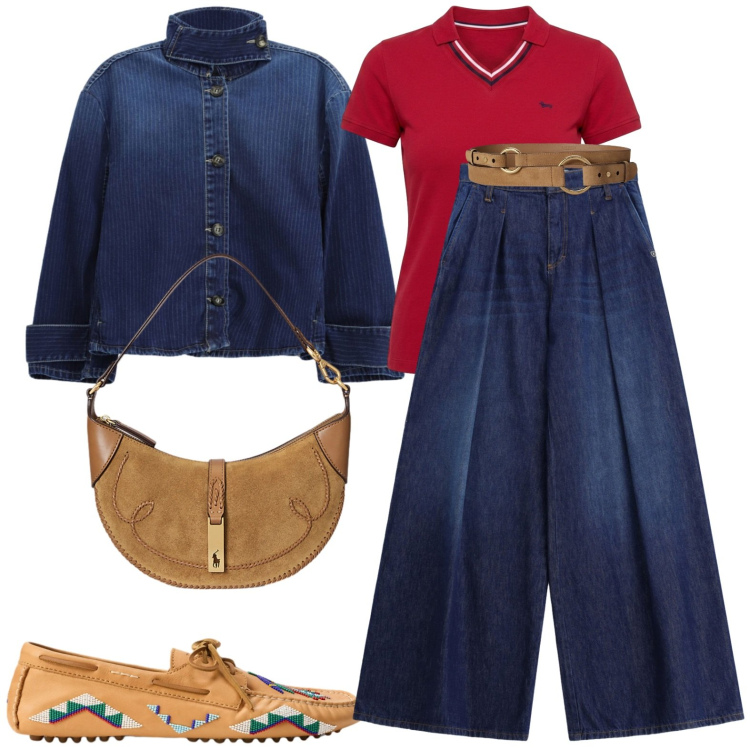 Outfit donna - Ufficio sporty. Stile Casual per Ufficio. Abbinamento con polo, cappotti, jeans, mocassini, borse a spalla, cinture.