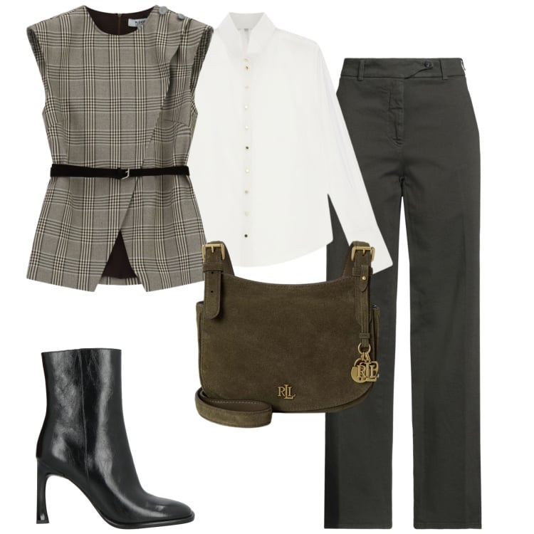 Outfit donna - City. Stile Casual chic per Tutti i giorni. Abbinamento con stivaletti, jeans dritti, camicie, gilet, borse a tracolla.