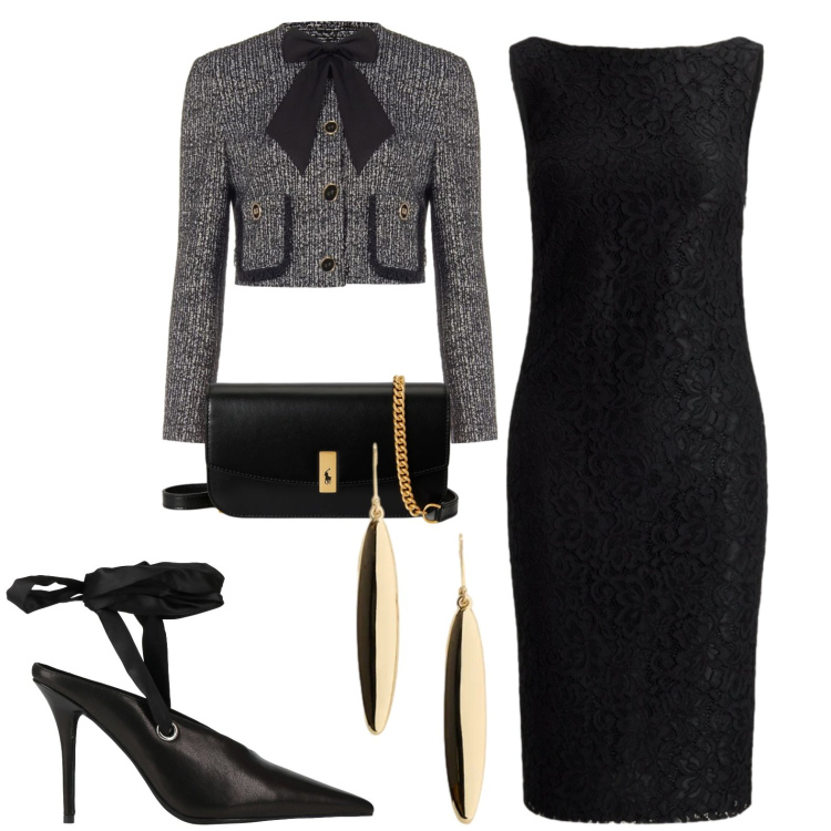 Outfit donna - Serata. Stile Chic per Serata fuori. Abbinamento con décolleté, blazer, clutch, vestiti senza maniche, orecchini.
