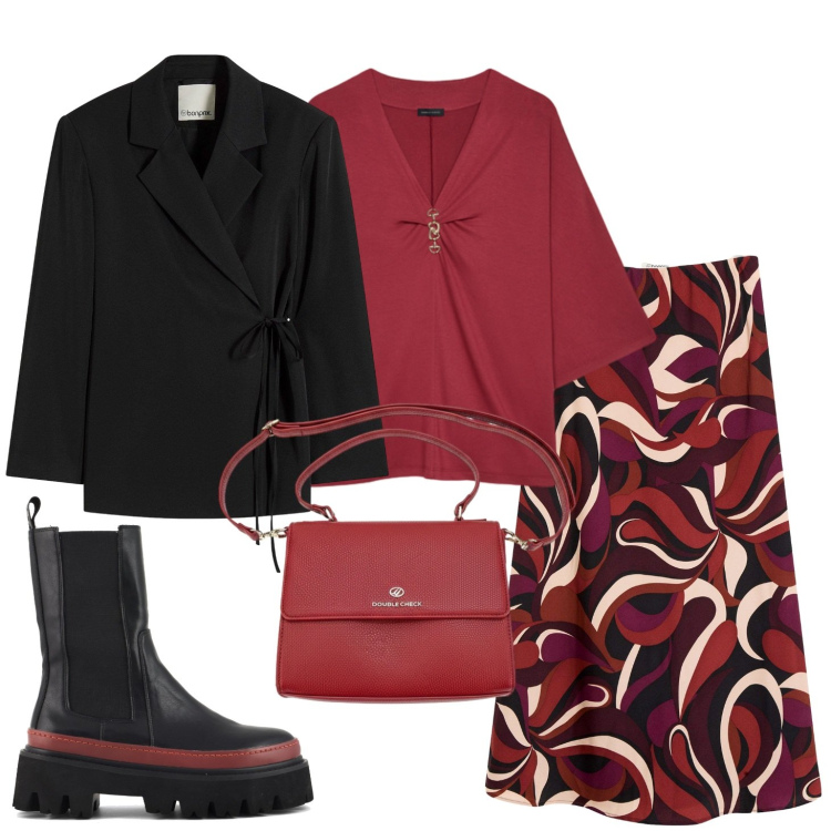 Outfit donna - Colori autunnali. Stile Casual chic per Tutti i giorni. Abbinamento con blazer, gonne longuette, t-shirt, stivaletti chelsea, borse a tracolla.