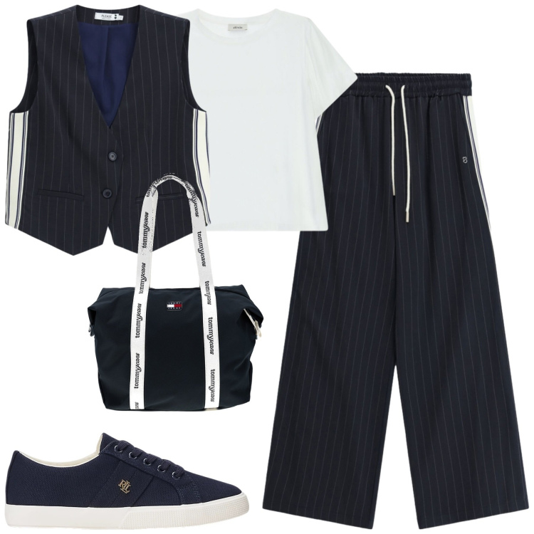 Outfit donna - City. Stile Casual chic per Tutti i giorni. Abbinamento con t-shirt, pantaloni a palazzo, gilet, sneakers, shopping bag.