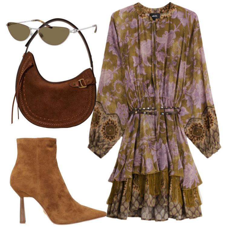 Outfit donna - Dixie. Stile Glamour per Tutti i giorni. Abbinamento con stivaletti, vestiti corti, occhiali da sole, borse a spalla.