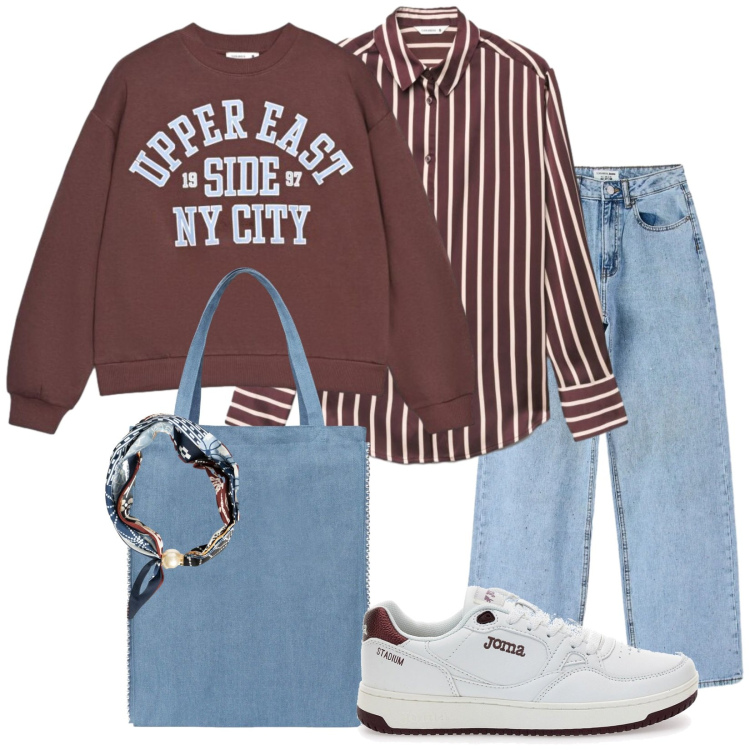 Outfit donna - New York city. Stile Casual per Tutti i giorni. Abbinamento con borse tote, jeans, camicie, felpe, foulard, sneakers.