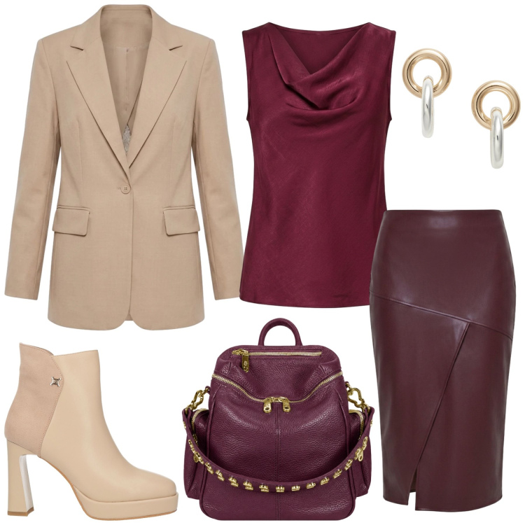 Outfit donna - Pelle. Stile Chic per Tutti i giorni. Abbinamento con stivaletti, blazer, gonne longuette, canottiere, zaini, orecchini.