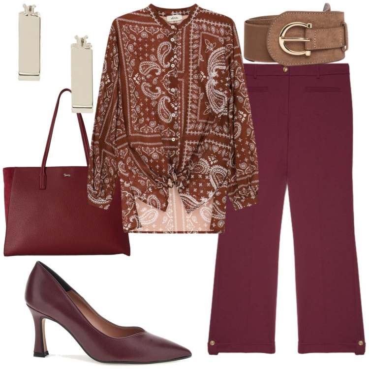 Outfit donna - Casual chic. Stile Casual chic per Serata fuori. Abbinamento con shopping bag, camicie, pantaloni, cinture, orecchini, décolleté.