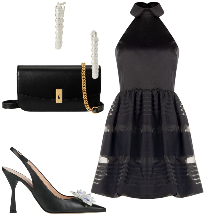 Outfit donna - Serata. Stile Chic per Serata fuori. Abbinamento con décolleté, vestiti corti, orecchini, clutch.