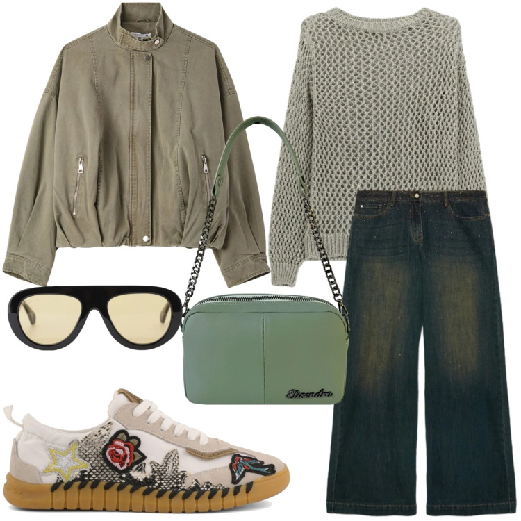 Outfit donna - Fall collections. Stile Casual per Tutti i giorni. Abbinamento con occhiali da sole, maglieria, bomber, jeans, borse a tracolla, sneakers.
