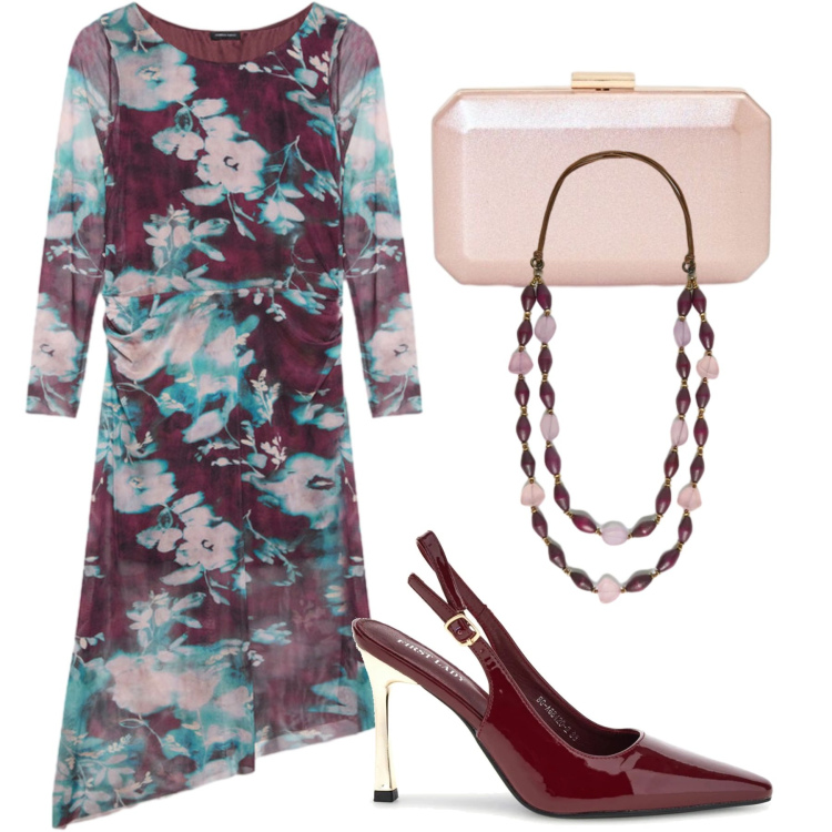 Outfit donna - Fiorella Rubino. Stile Romantica per Serata fuori. Abbinamento con clutch, vestiti lunghi, collane, décolleté.