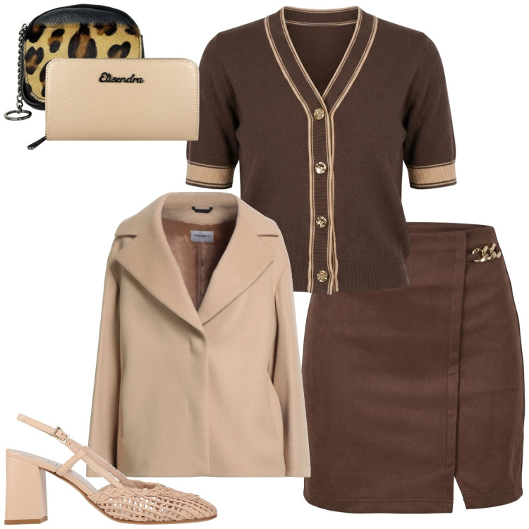 Outfit donna - Casual chic in ufficio. Stile Casual chic per Ufficio. Abbinamento con cappotti, décolleté, minigonne, portafogli, portachiavi, cardigans.