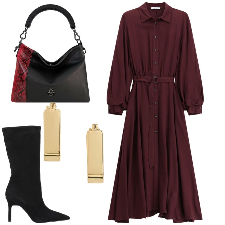 Outfit donna - City. Stile Urban per Tutti i giorni. Abbinamento con stivali, vestiti chemisier, borse a mano, orecchini.