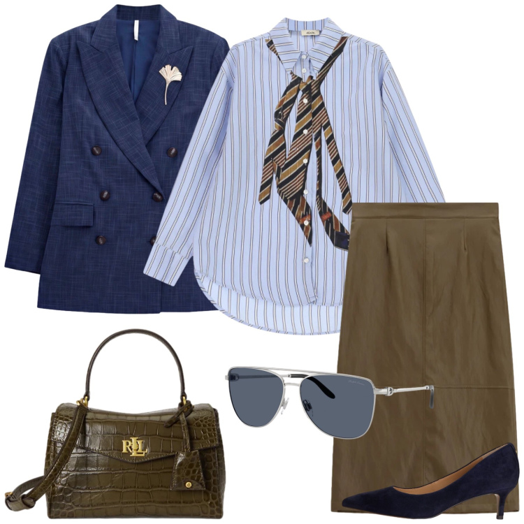 Outfit donna - Ufficio. Stile Mannish per Ufficio. Abbinamento con blazer, camicie, gonne longuette, occhiali da sole, borse a mano, décolleté.