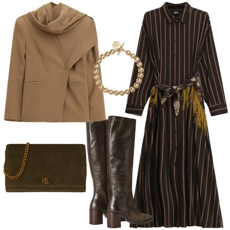 Outfit donna - Autunno. Stile Chic per Tutti i giorni. Abbinamento con stivali, blazer, vestiti lunghi, braccialetti, borse a tracolla.