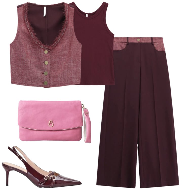 Outfit donna - Imperial. Stile Trendy per Tutti i giorni. Abbinamento con pantaloni a palazzo, canottiere, gilet, décolleté, pochette.