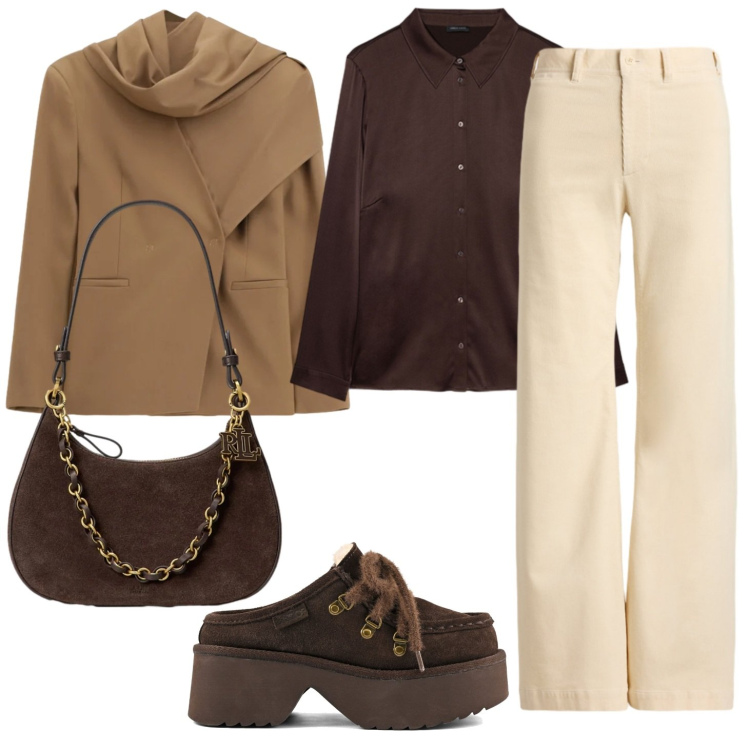Outfit donna - Colori autunnali. Stile Casual chic per Tutti i giorni. Abbinamento con blazer, camicie, borse a spalla, pantaloni, sabot.