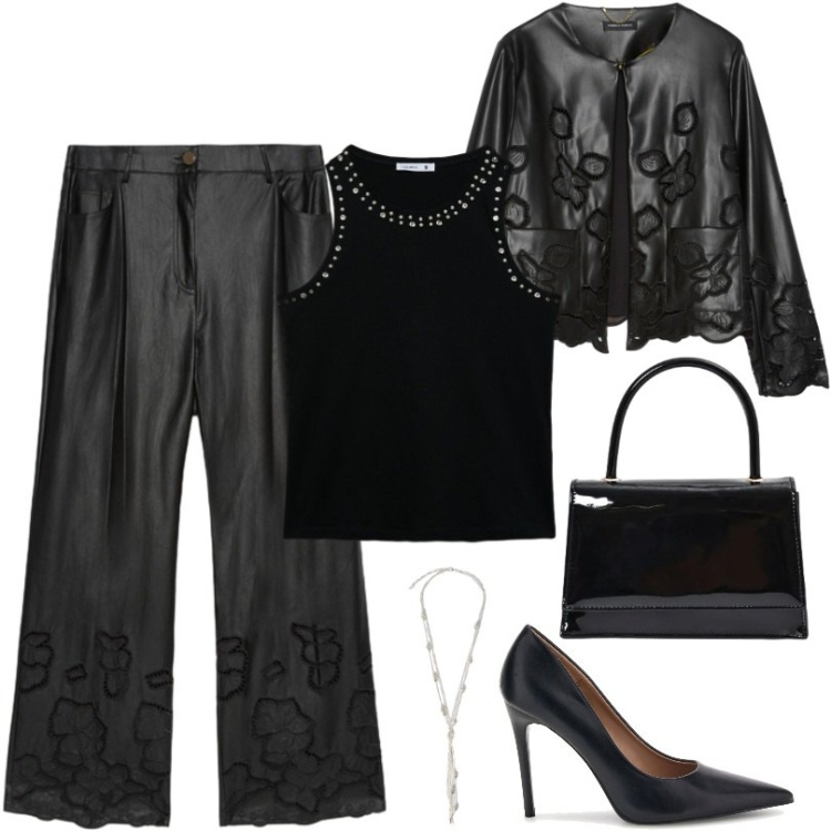 Outfit donna - Giacca e pantalone con motivo floreale. Stile Trendy per Serata fuori. Abbinamento con canottiere, borse a mano, blazer, collane, pantaloni, décolleté.