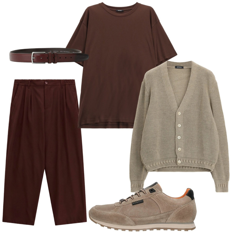 Outfit uomo - Slow day. Stile Trendy per Tutti i giorni. Abbinamento con pantaloni, cardigans, t-shirt, cinture, sneakers.
