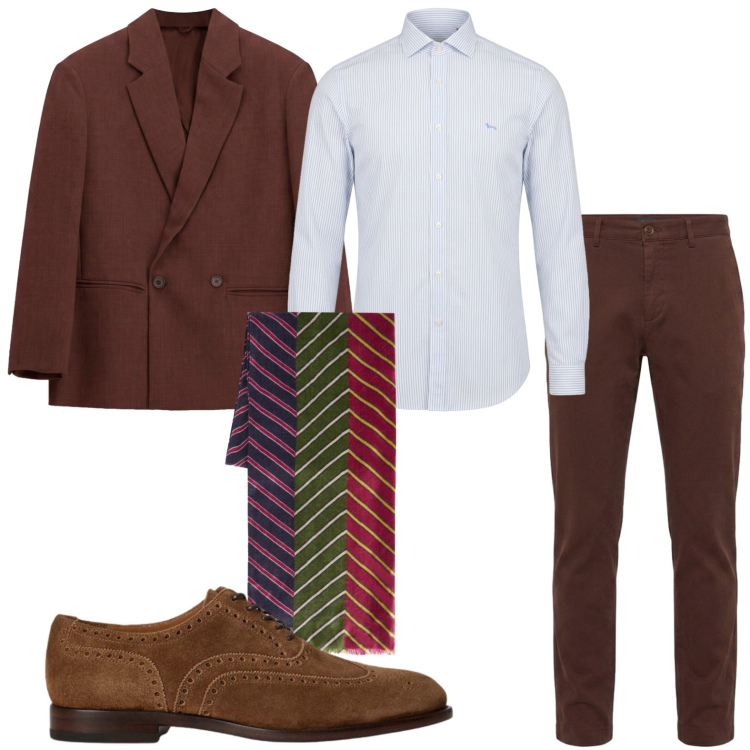 Outfit uomo - Work glam. Stile Casual per Ufficio. Abbinamento con sciarpe, pantaloni, camicie, giacche, scarpe stringate.