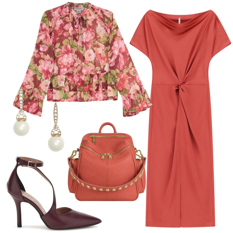 Outfit donna - Serata. Stile Chic per Serata fuori. Abbinamento con bluse, vestiti midi/longuette, zaini, orecchini, décolleté.