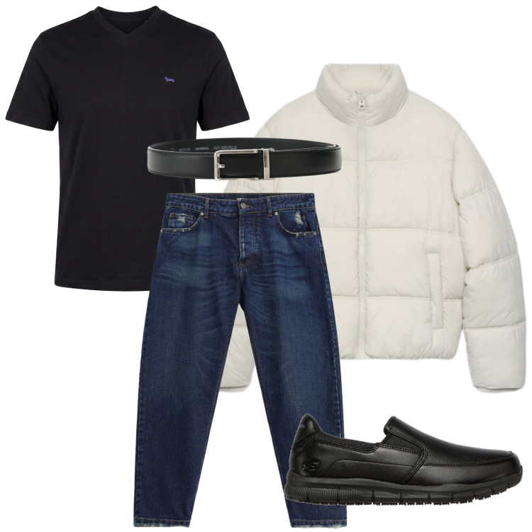 Outfit uomo - Piumino iconico. Stile Casual per Tutti i giorni. Abbinamento con t-shirt, jeans, cinture, piumini, scarpe stringate.