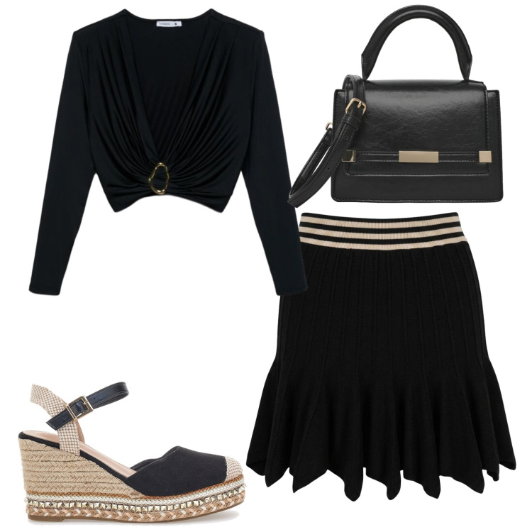 Outfit donna - City. Stile Casual chic per Tutti i giorni. Abbinamento con t-shirt, borse a spalla, minigonne, zeppe.