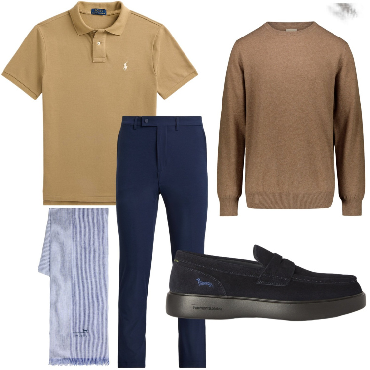 Outfit uomo - Classe discreta. Stile Casual per Tutti i giorni. Abbinamento con sciarpe, scarpe stringate, maglieria, polo, pantaloni.