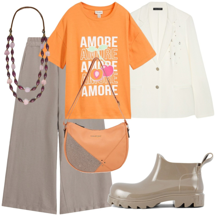 Outfit donna - C\'è bisogno d\'amore. Stile Urban per Tutti i giorni. Abbinamento con t-shirt, pantaloni, blazer, collane, stivali, borse a tracolla.