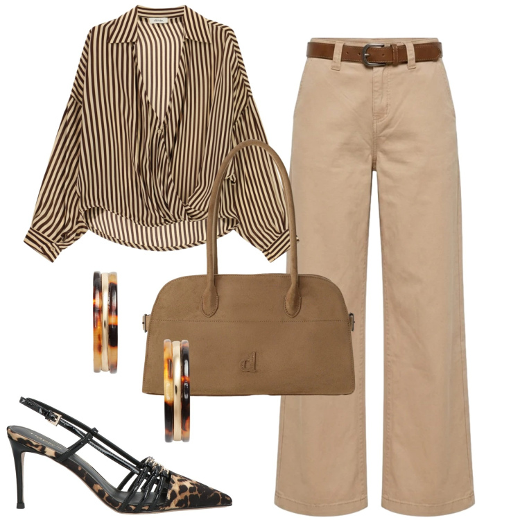 Outfit donna - Settembre. Stile Casual chic per Tutti i giorni. Abbinamento con décolleté, camicie, borse a spalla, pantaloni, orecchini.