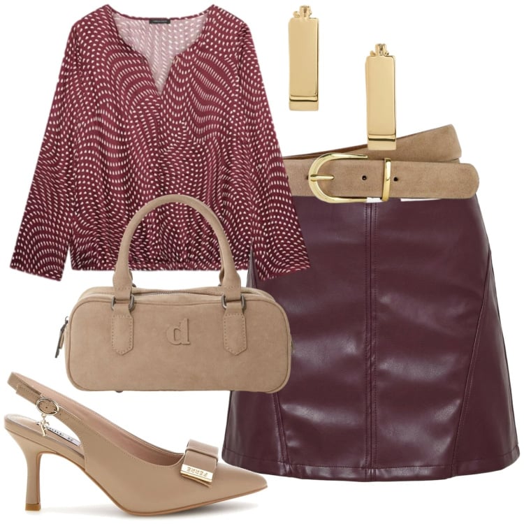 Outfit donna - Utficio. Stile Casual chic per Tutti i giorni. Abbinamento con cinture, borse a mano, minigonne, bluse, orecchini, décolleté.