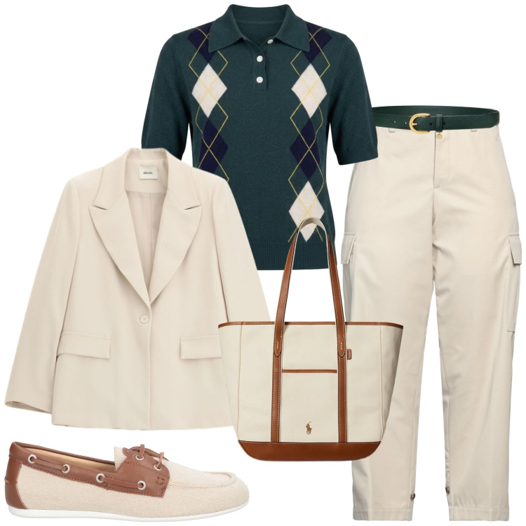 Outfit donna - Casual chic. Stile Casual per Ufficio. Abbinamento con pantaloni cargo, mocassini, maglieria, blazer, cinture, borse tote.